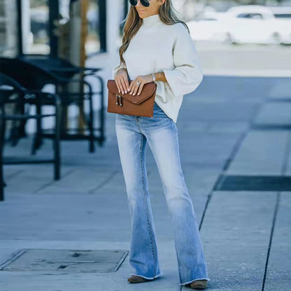 Wide Leg Ripped Jeans - Light Blue Casual Flare Denim Pants