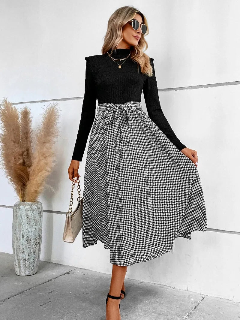 Turtleneck Sweater Dress - Houndstooth Patchwork Long Sleeve Knit Dress