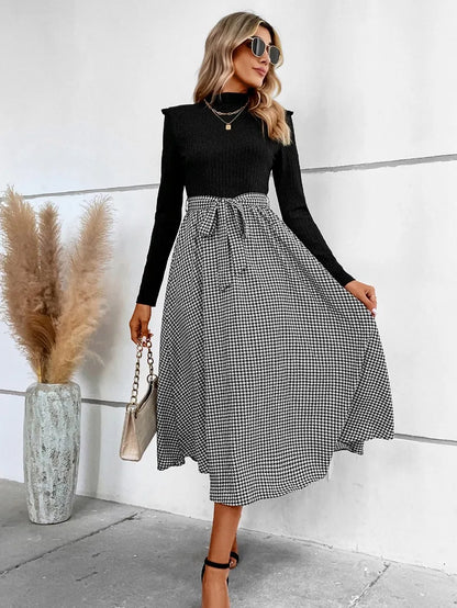 Turtleneck Sweater Dress - Houndstooth Patchwork Long Sleeve Knit Dress
