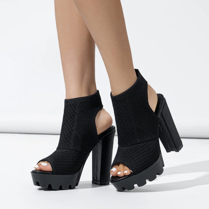 Knitted Ankle Boots - Thick Heel Platform Boots with Peep Toe