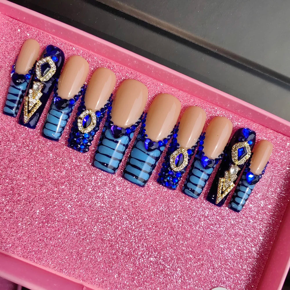 Blue Heart Press-On Nails - Middle Oval French Design ABS Acrylic (24 Pieces)