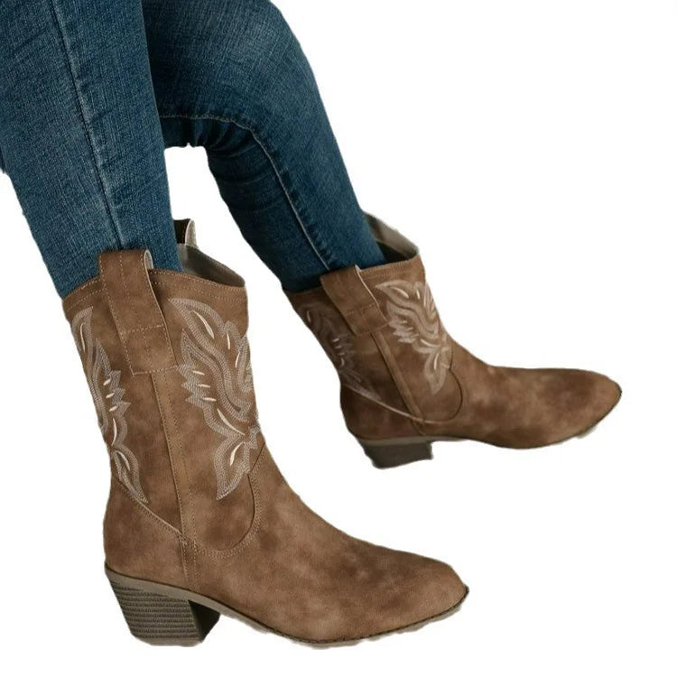Retro Western Cowboy Genuine Leather Mid-Calf Riding Boots