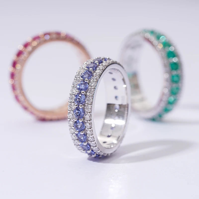 14K Gold Lab Grown Gemstone Wedding Ring - Sapphire, Emerald, or Ruby with Moissanite