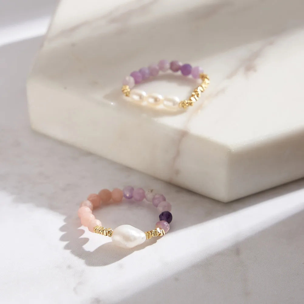 Natural Stone Healing Ring - Opal & Pearl Adjustable Bead Ring