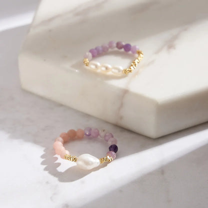 Natural Stone Healing Ring - Opal & Pearl Adjustable Bead Ring