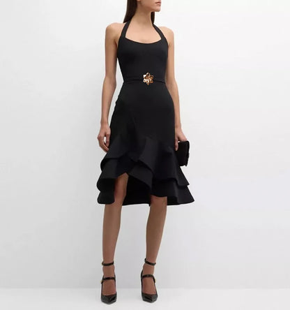 Black Halter Neck Midi Bandage Dress - Ruffle Asymmetric Hem