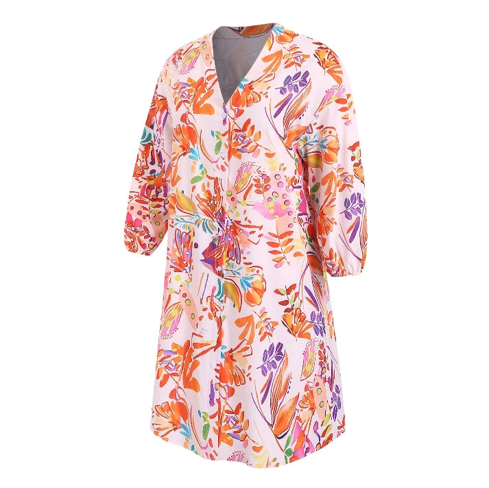 Plus Size Floral Print Midi Shirt Dress - Long Sleeve Vacation Dress