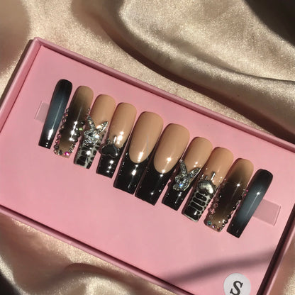 Long Square Glitter Rhinestone Press On Acrylic Nails