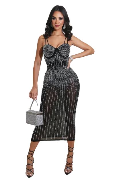 Crystal Embellished Sling Dress - Sheer Mesh Party Dress