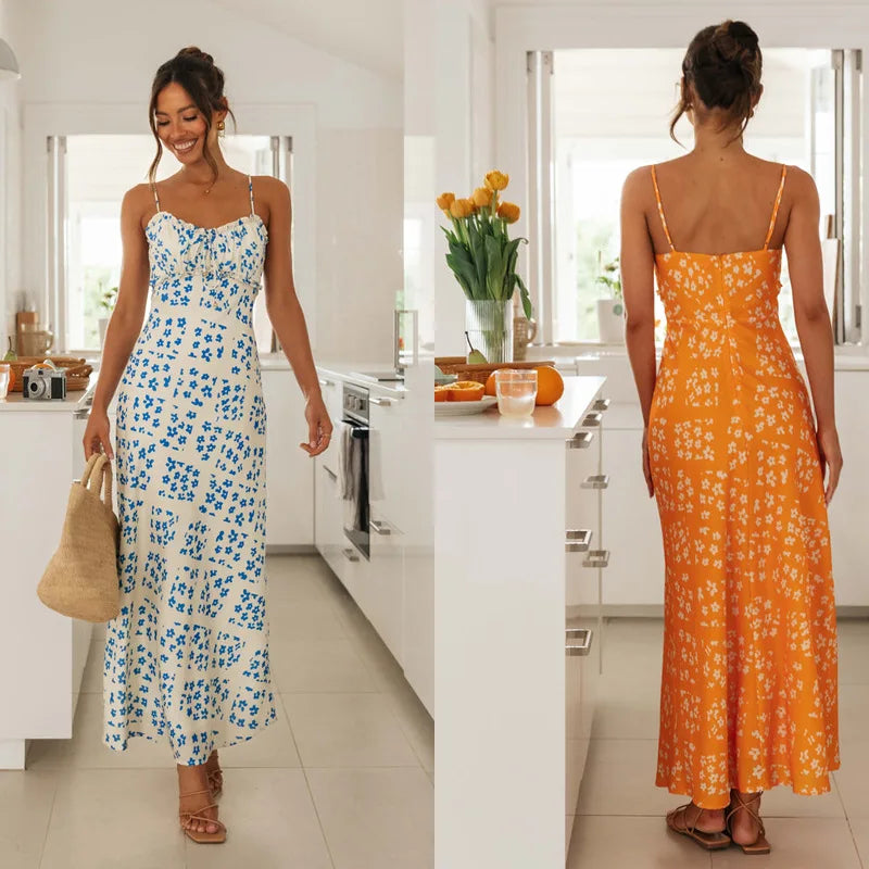 Printed Backless Maxi V-Neck Spaghetti Strap Summer Dress