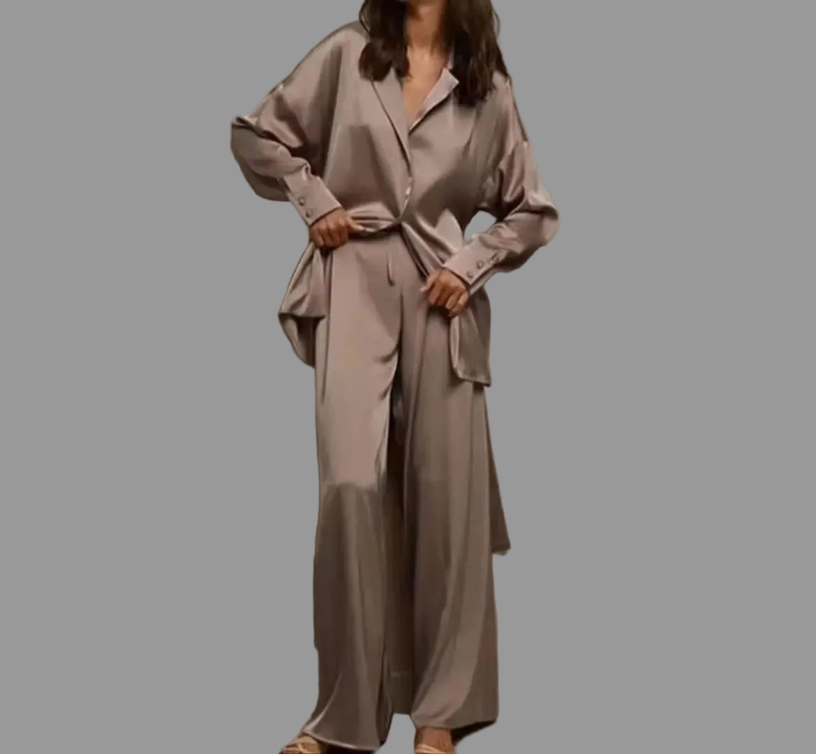 Satin Pajama Set - Luxury Two-Piece Sleepwear with Belt