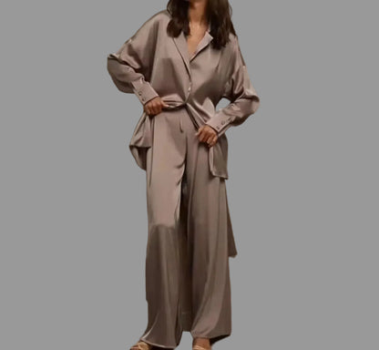 Satin Pajama Set - Luxury Two-Piece Sleepwear with Belt
