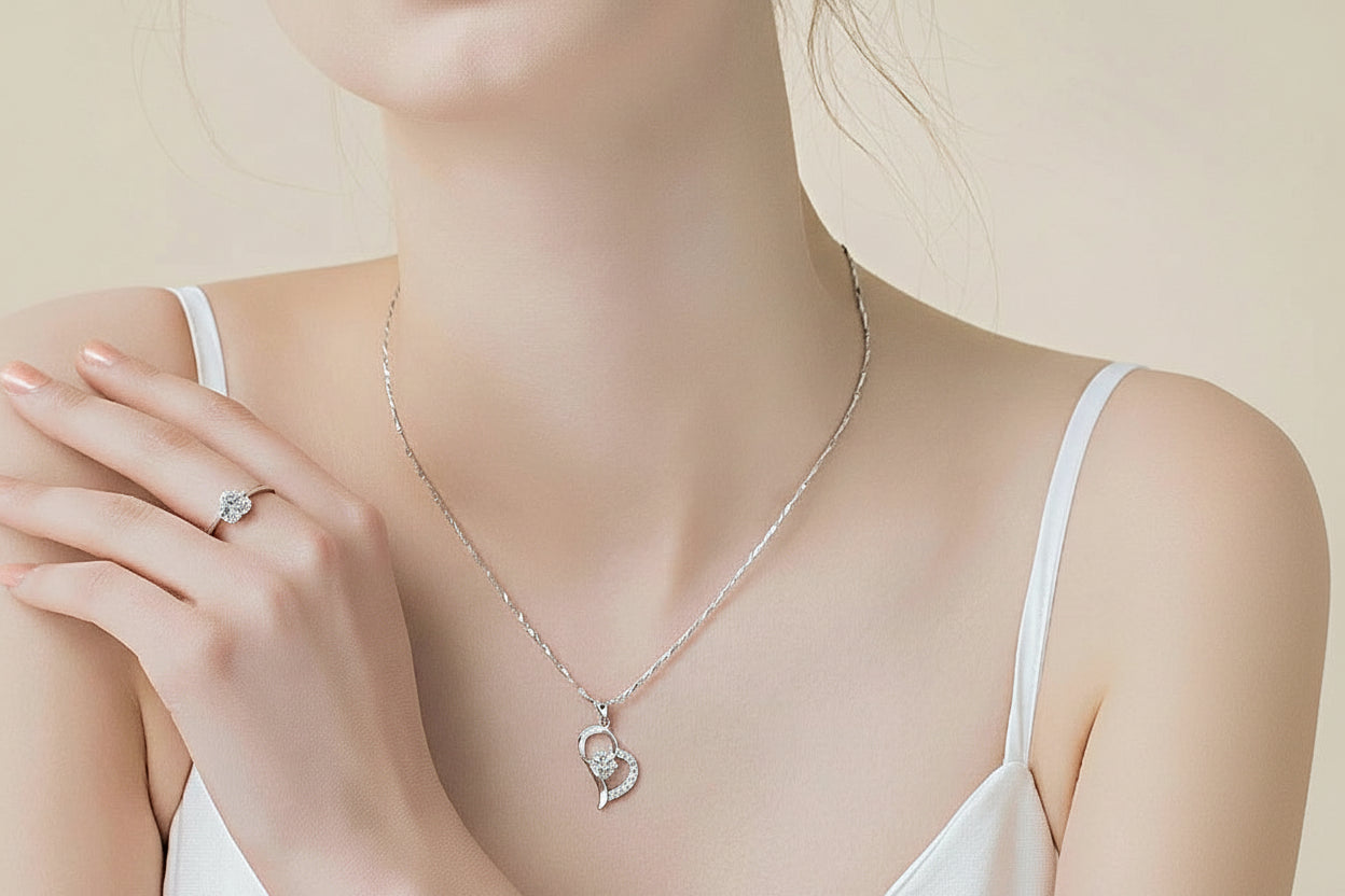 925 Sterling Silver Heart Pendant Necklace with Cubic Zirconia