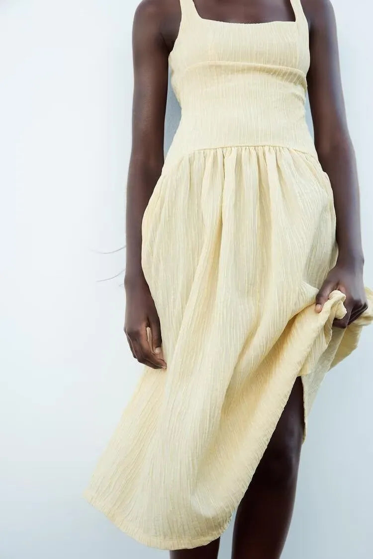 Textured Backless Square Neck Midi Dress