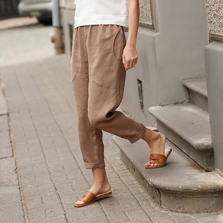 Cotton Linen Cropped Pants - Women's Casual Straight Leg Trousers with Pockets