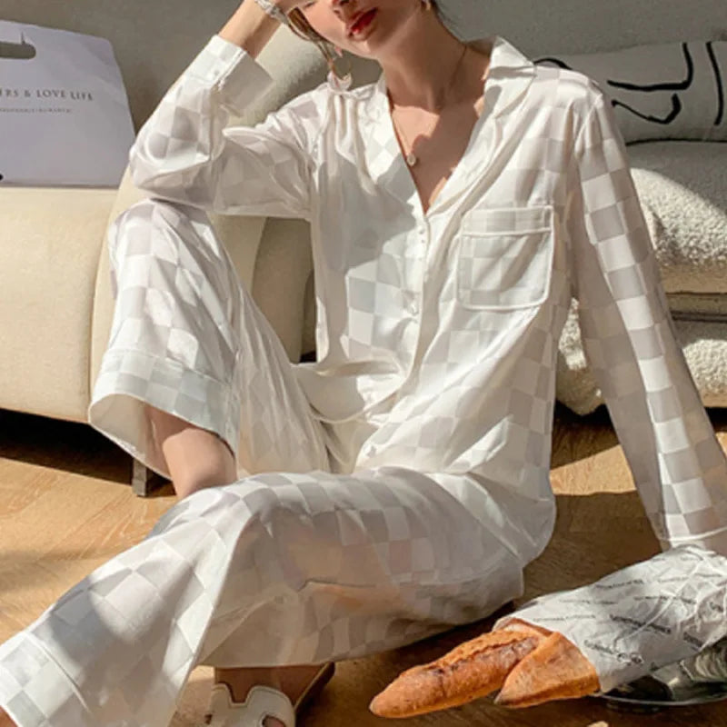 Satin Ice Silk Pajama Set - Long Sleeve Sleepwear Plus Size