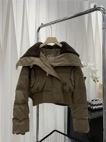 Women's Short Parka Jacket - Casual Stand Collar Zipper Winter Coat
