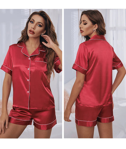 Satin Pajama Set - Short Sleeve Top & Elastic Waist Shorts