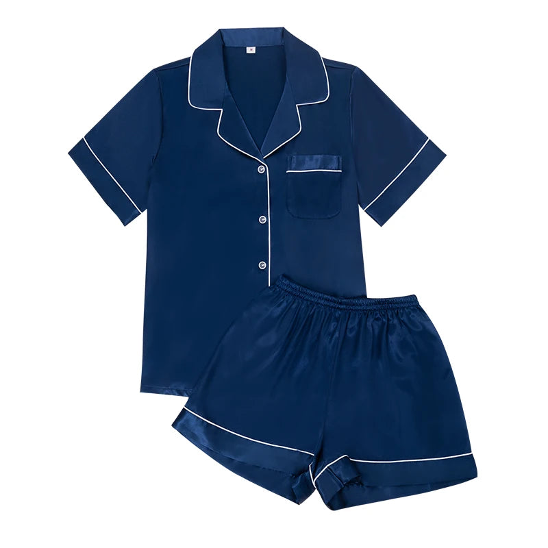 Satin Pajama Set - Short Sleeve Top & Elastic Waist Shorts