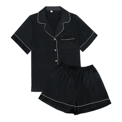 Satin Pajama Set - Short Sleeve Top & Elastic Waist Shorts