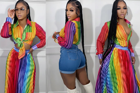 Long Sleeve Striped Shirt & Knit Skirt