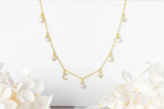 Sterling Silver Moon Star Pearl Necklace - Natural Freshwater Pearl with Cubic Zirconia