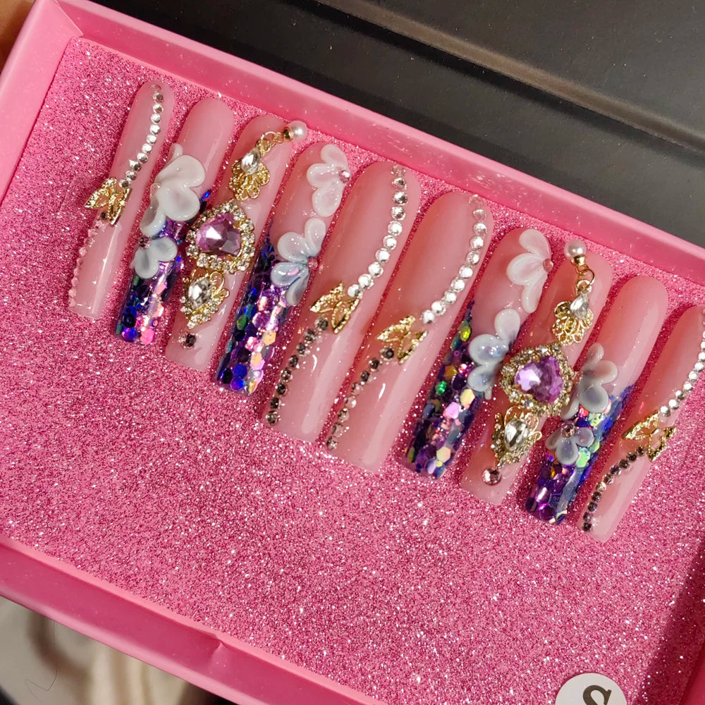 Colorful 3D Flowers Spring Press-On Nails - French White ABS Acrylic Artificial Nails