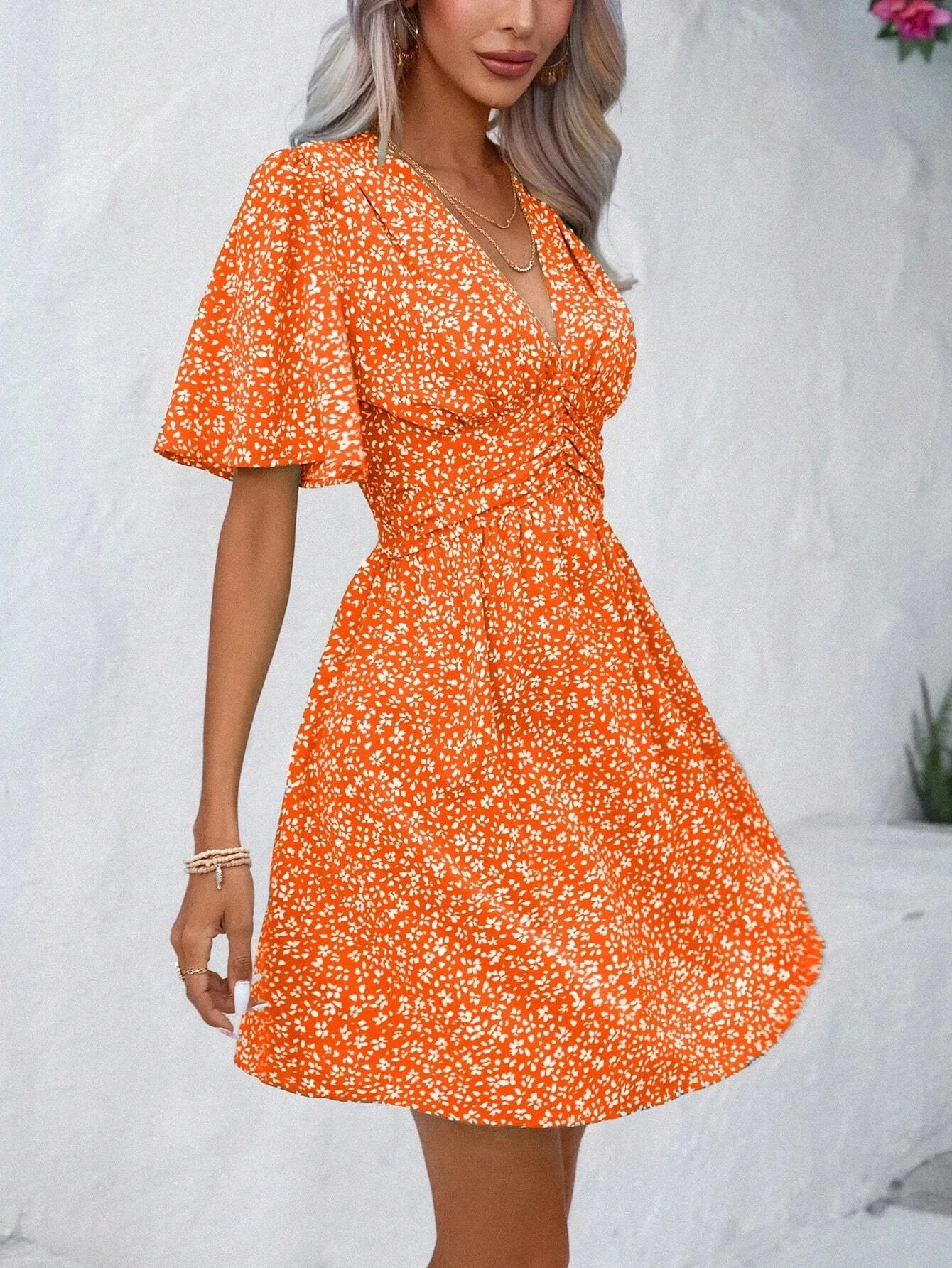 V-Neck Floral Print Pleated Short Sleeve High-Waisted Summer Dress