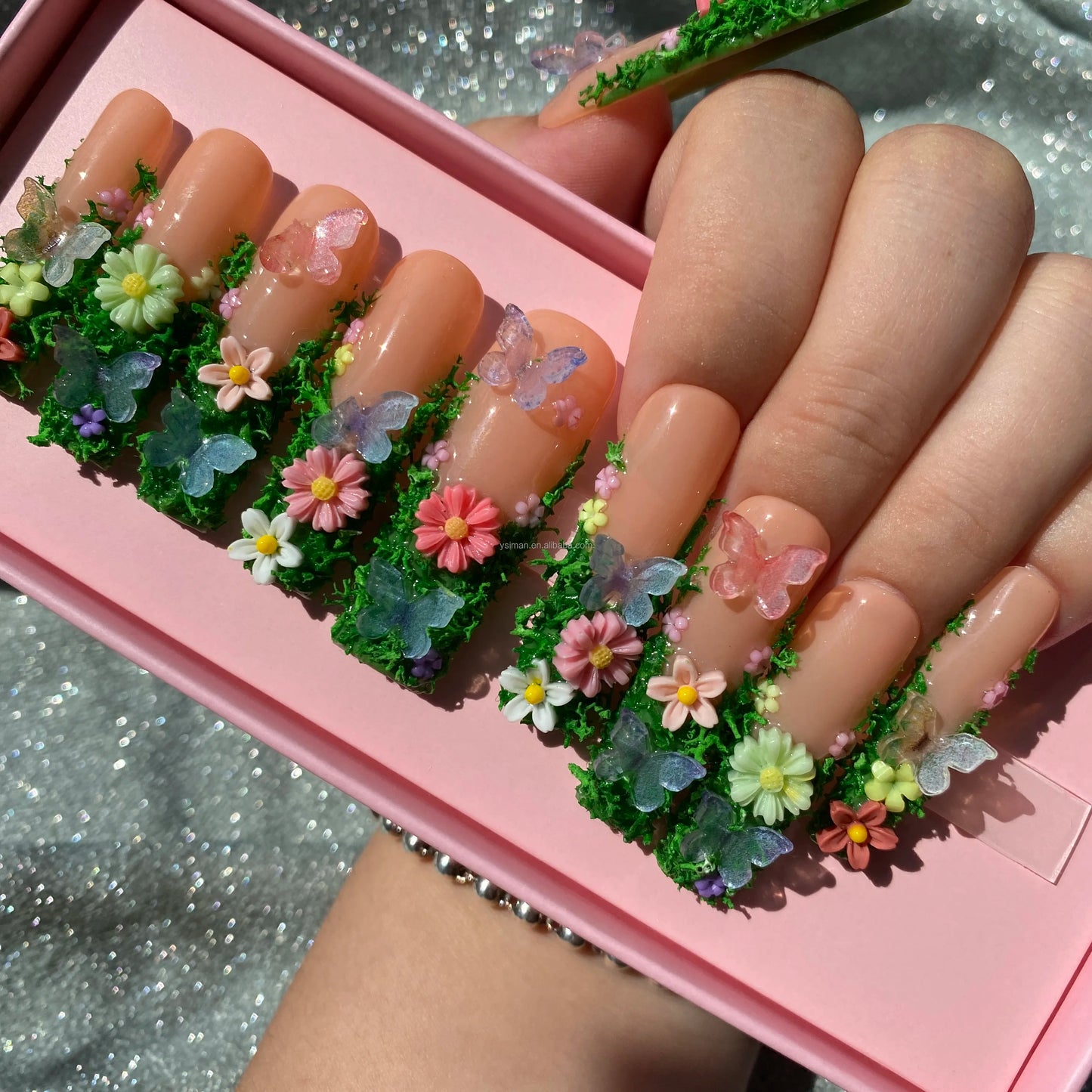 XL Glittery Rhinestone Press-On Nails - 50mm Long Full Cover Artificial Nails