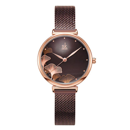 Women's Ginkgo Leaf Quartz Watch - Stainless Steel Mesh Bracelet