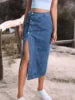 High Waist Button Front Denim Maxi Skirt with Split Detail