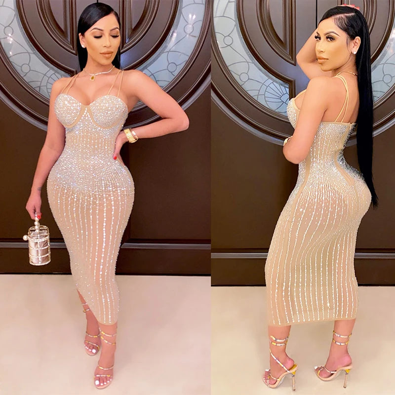 Crystal Embellished Sling Dress - Sheer Mesh Party Dress