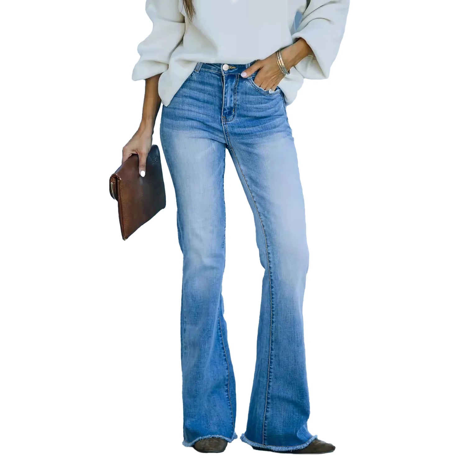 Wide Leg Ripped Jeans - Light Blue Casual Flare Denim Pants