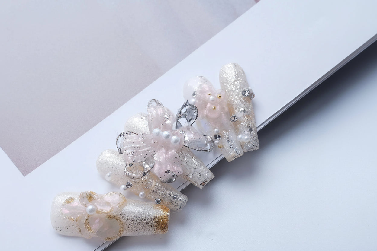 Designer 3D Lace Butterfly Press-On Nails - Extra Long Coffin Shape