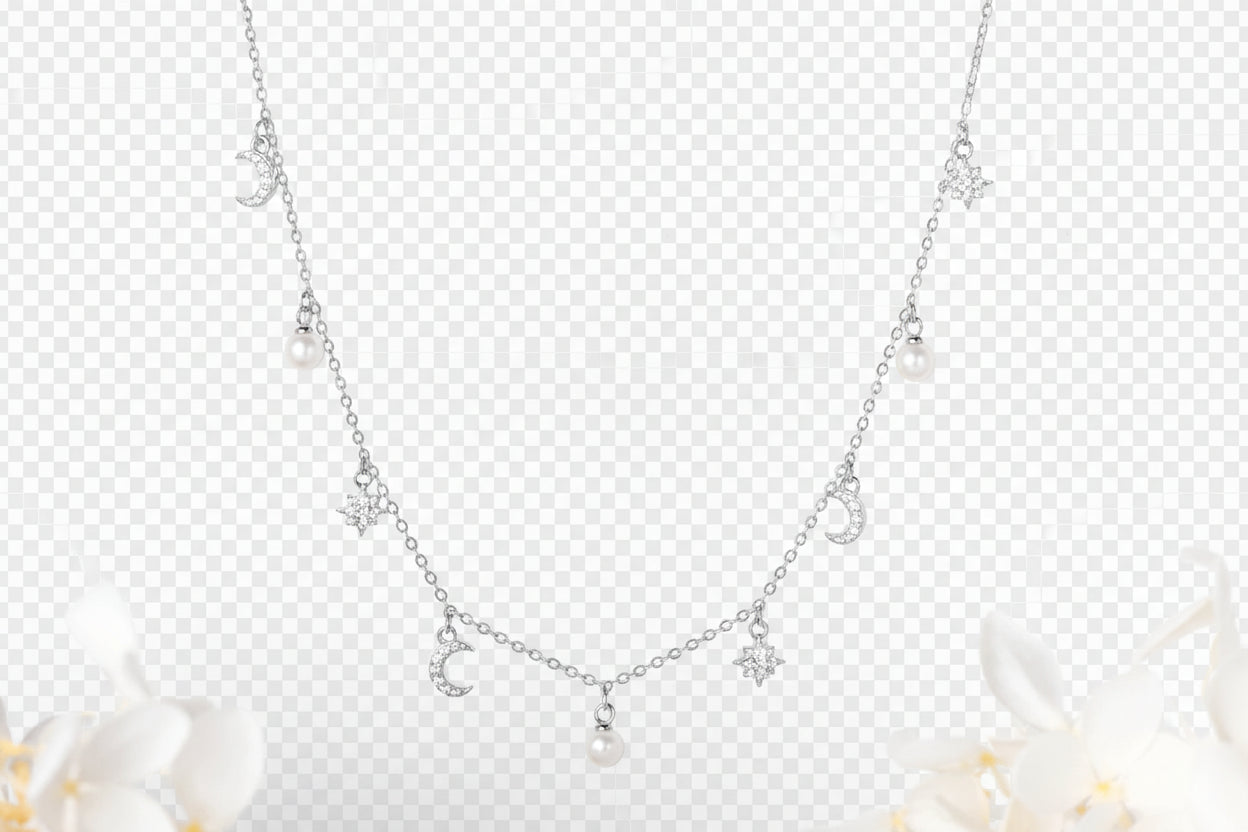 Sterling Silver Moon Star Pearl Necklace - Natural Freshwater Pearl with Cubic Zirconia