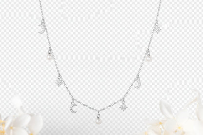Sterling Silver Moon Star Pearl Necklace - Natural Freshwater Pearl with Cubic Zirconia