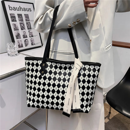 Large Plaid Designer Shoulder Handbag with Ribbon Detail
