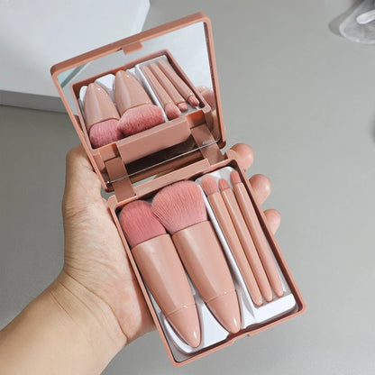 5-Piece Travel Makeup Brush Set with Mirror - Mini Cosmetic Brushes in Compact Case