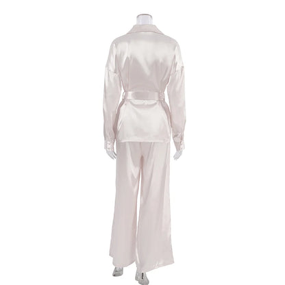 Satin Pajama Set - Luxury Two-Piece Sleepwear with Belt