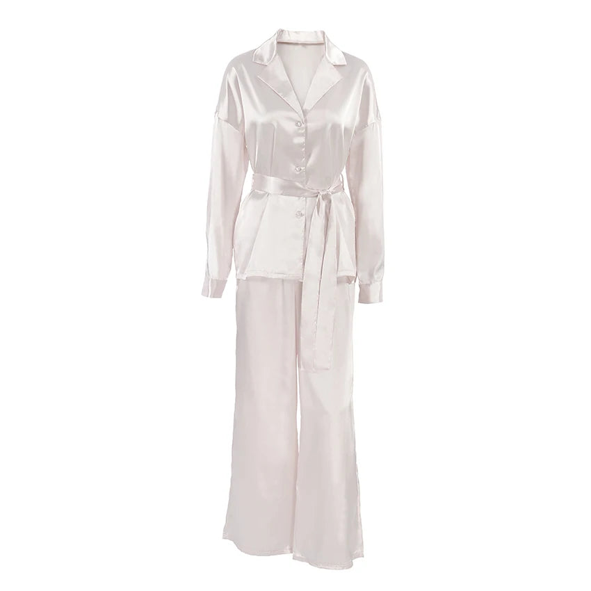 Satin Pajama Set - Luxury Two-Piece Sleepwear with Belt