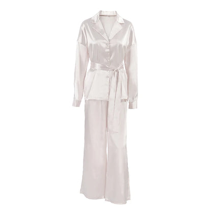 Satin Pajama Set - Luxury Two-Piece Sleepwear with Belt