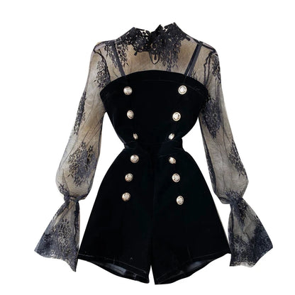 Lace Two Piece Set - Solid Color Autumn Tops