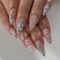3D Bow French Press-On Nails - Silver Sparkling Diamond Pearl Acrylic Nails