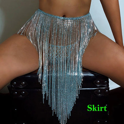 Rhinestone Body Chain Set - Blue Tassel Crystal Bikini Jewelry