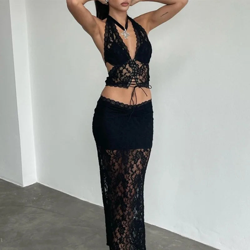 2-Piece Lace Set - Deep V-Neck Top & Long Skirt Evening Dress