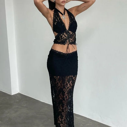 2-Piece Lace Set - Deep V-Neck Top & Long Skirt Evening Dress