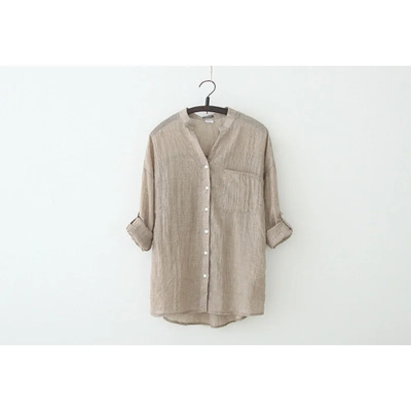 Cotton Linen Button-Up Blouse Loose Fit Casual Shirt