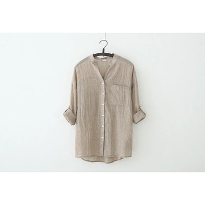 Cotton Linen Button-Up Blouse Loose Fit Casual Shirt