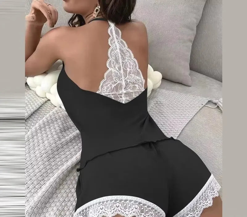 Crochet Lace Sleeveless V-Neck 2-Piece Summer Sleepwear