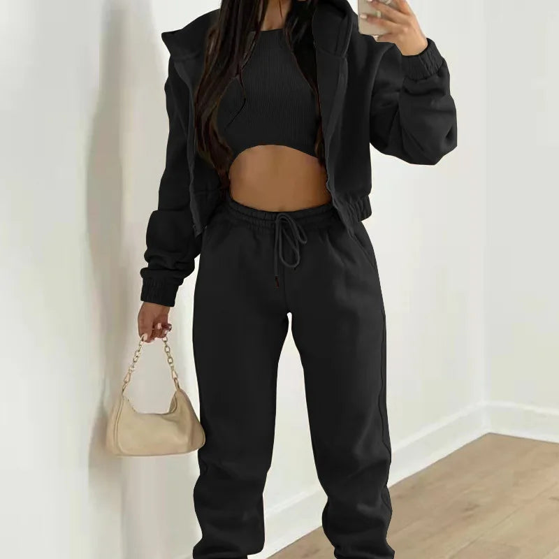 3-Piece Athleisure Set - Hooded Sweater, Tank Top & Sweatpants